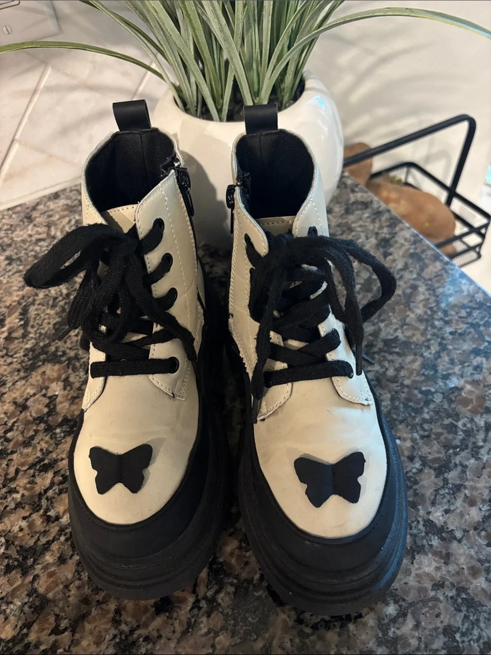 Kids Cream and Black Lace-Up Platform Boots